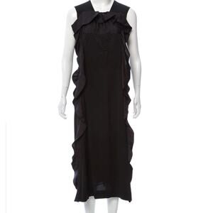 CARVEN Wool/silk Sleeveless Square Neck Ruffle-Trim Midi Slits Dress Black 38/6